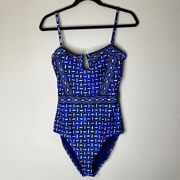 La Blanca daily grind bandeau swimsuit one-piece shoulder strap blue white EUC - Picture 2 of 6